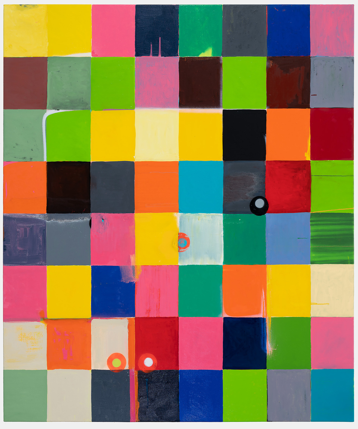 A grid of approximately 64 colored squares in varying sizes, painted in vibrant hues including hot pink, chartreuse green, royal blue, yellow, orange, and red. The composition features areas of gestural mark-making and layered paint, with occasional circular forms and visible brushstrokes that create visual texture across the densely packed color field.