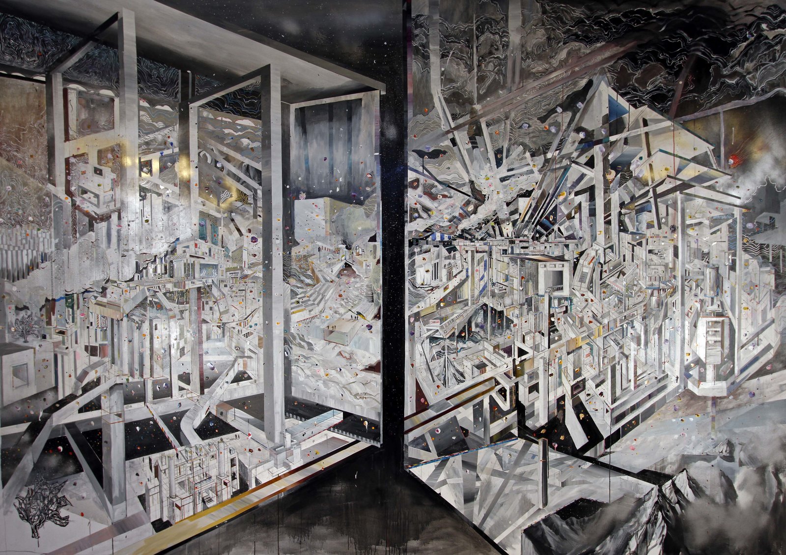 A densely layered architectural drawing depicts an exploded interior view of a building's cross-section, with white structural frameworks, staircases, and geometric forms fragmenting outward against a dark starry background. Rendered primarily in pencil and acrylic with touches of color, the composition creates a sense of dynamic chaos and spatial complexity through overlapping planes and scattered debris.