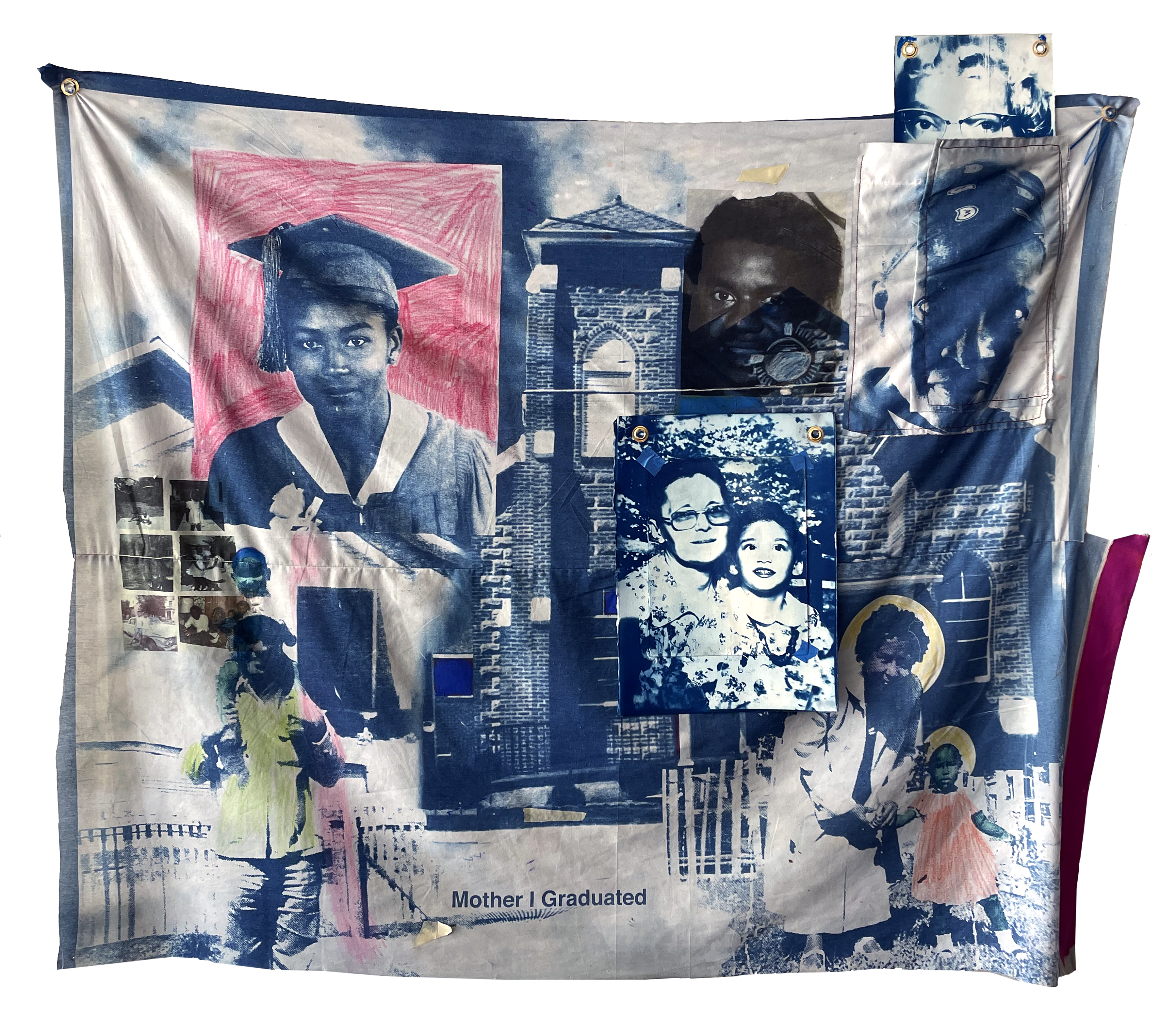 A collage textile artwork featuring cyanotype and mixed media imagery arranged across a cream-colored cotton surface. The composition depicts multiple photographic portraits of Black individuals at various life stages, layered with architectural imagery of a brick building, accented with pink crayon markings and text reading "Mother I Graduated" at the center. The work combines photography, drawing, and transfer techniques in shades of blue, pink, yellow, and black.