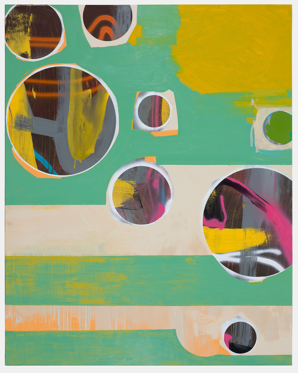 Abstract mixed media composition featuring geometric circular cutouts with white borders arranged across horizontal bands of turquoise, cream, and yellow-green. The circular windows reveal layered abstract paintings in vibrant colors including magenta, yellow, orange, and dark tones with expressive brushstrokes. Orange accent marks and gestural marks punctuate the composition throughout.
