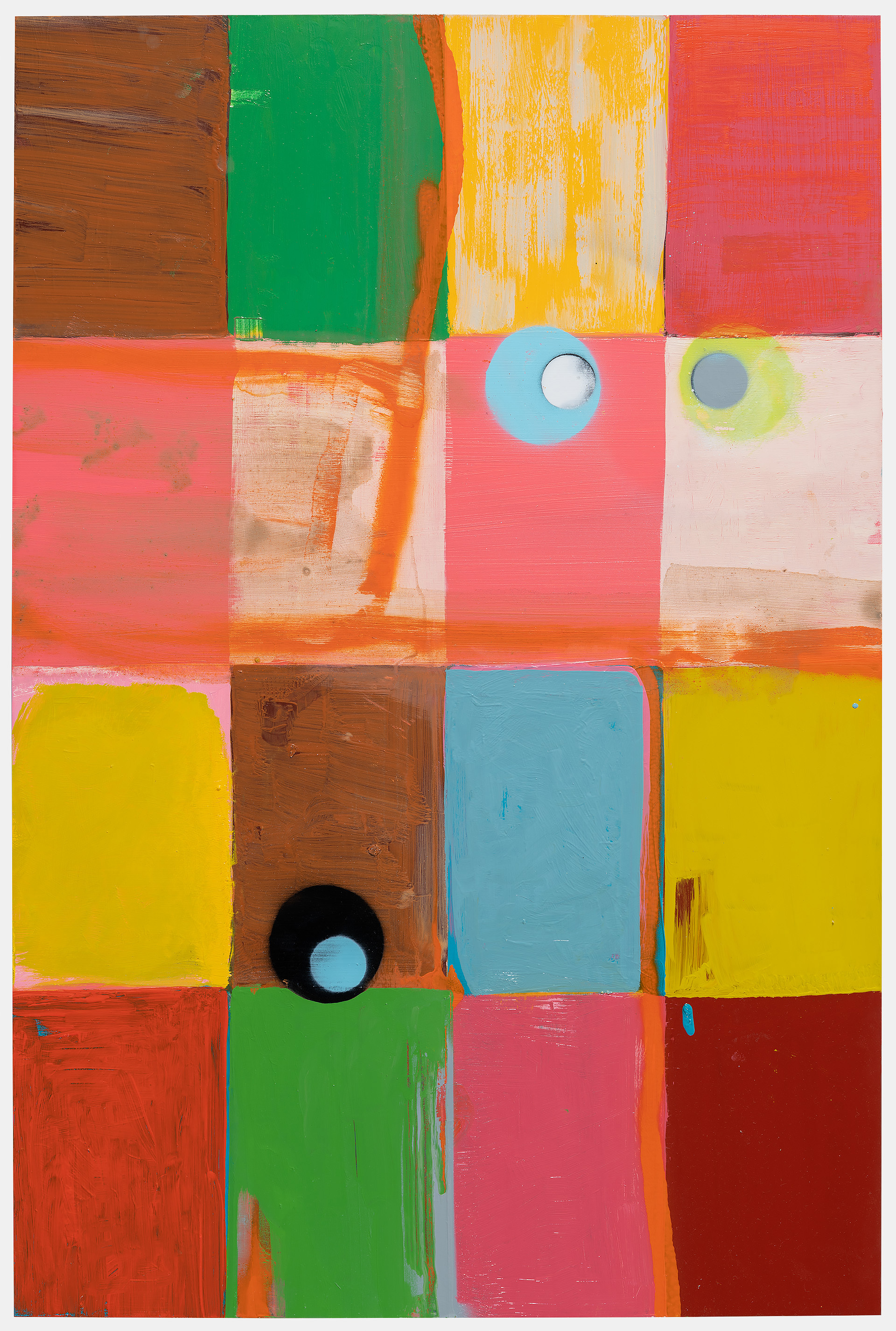 Vibrant abstract composition featuring a grid of colorful rectangular blocks in shades of red, yellow, green, blue, and brown, with areas of orange and cream. Three circular forms—one blue with a white center, one yellow-green with a gray center, and one black with a light blue center—punctuate the composition, creating focal points against the bold color field.