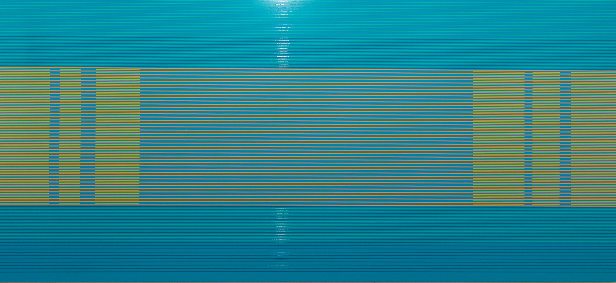 Horizontal bands of turquoise and chartreuse create a striped composition, with darker blue vertical sections on the left and right sides. The center features a large rectangular area of fine horizontal lines in alternating blue and green tones, creating an optical effect that suggests movement or data visualization.