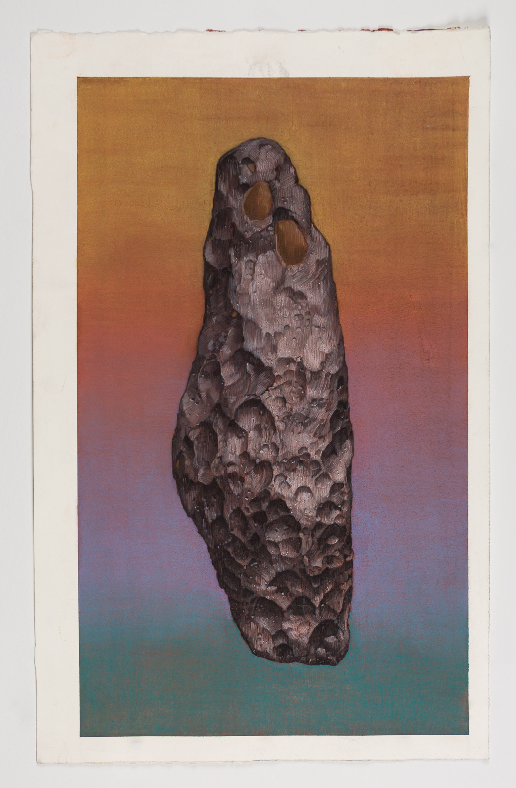 A dark, textured stone form with two hollow circular openings stands vertically against a gradient background that transitions from warm ochre and coral tones at the top through mauve and purple to cool teal and green at the bottom.
