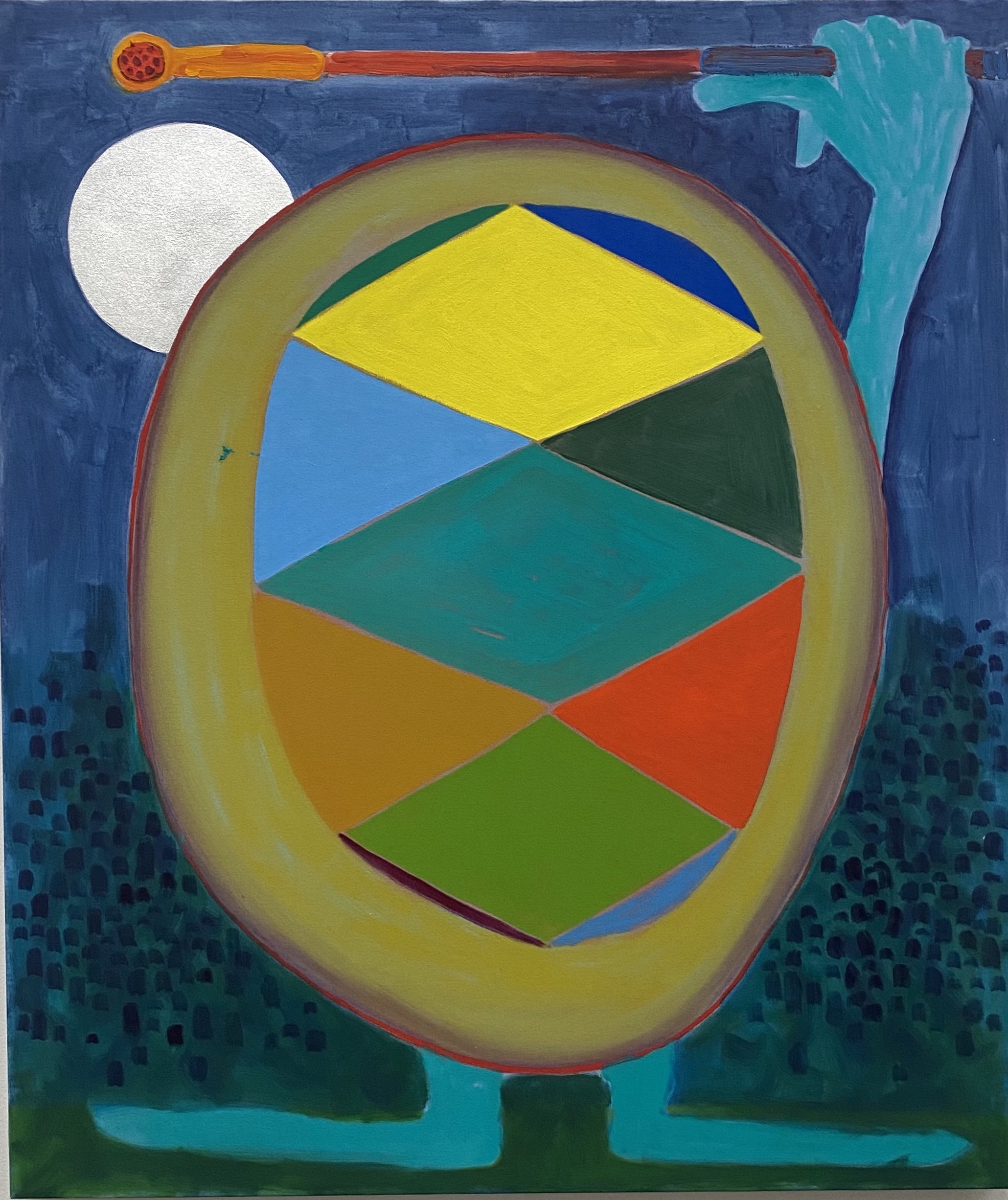 An abstract geometric composition featuring a large oval frame with a yellow-gold border containing overlapping triangular and diamond shapes in blue, yellow, green, teal, orange, and red. A white circle appears in the upper left against a dark blue background, with a turquoise hand-like form on the right side and a dotted forest-like pattern at the bottom. A decorative staff or wand with an ornamental top floats in the upper portion of the composition.