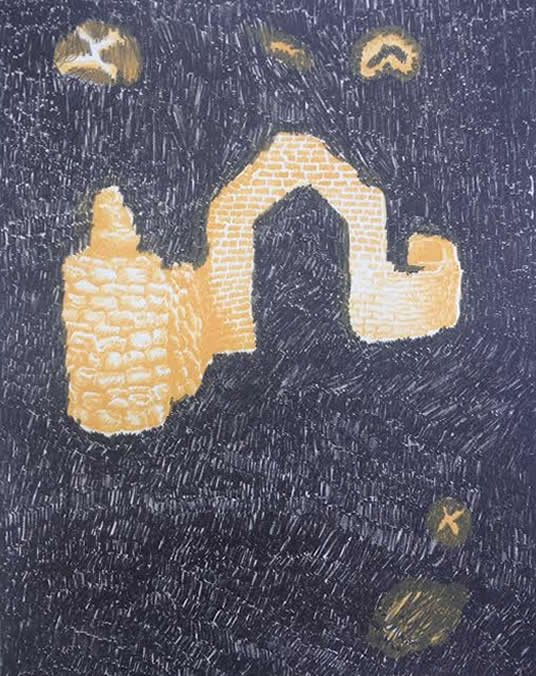 A dark night sky rendered in dense linear marks frames a glowing yellow-cream brick structure with an arched doorway at its center, flanked by two cylindrical forms. Scattered stars and celestial symbols punctuate the composition against the deep navy background.
