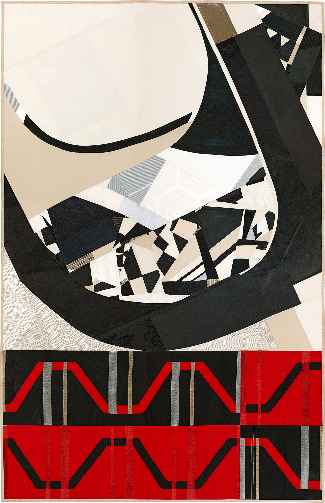 Abstract composition featuring a stylized face in profile constructed from pieced vintage silk in black, cream, beige, and white, with geometric patterning and layered textures throughout. Bold red and black geometric shapes form a zigzag pattern across the lower portion of the work.