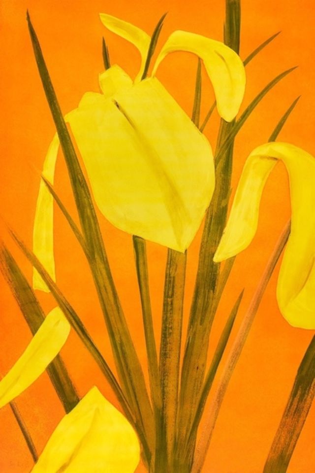 Bright yellow iris flowers with curved petals against a vibrant orange background, accompanied by green linear stems and leaf-like forms. The composition features bold, simplified shapes rendered in a modernist style with flat planes of saturated color.