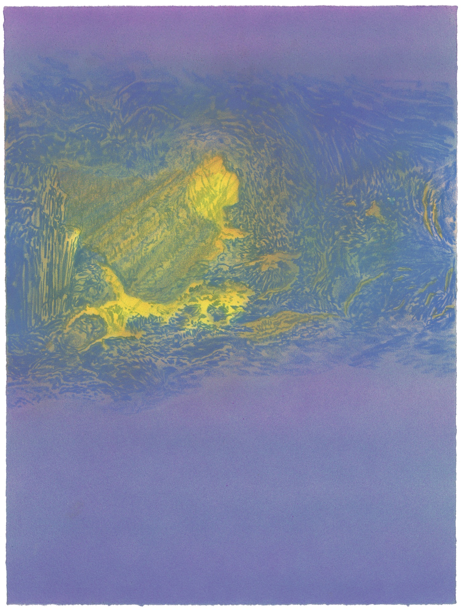 An abstract landscape rendered in yellows, greens, and blues with expressive, swirling brushstrokes and linear marks. A luminous yellow-green form emerges from the center against a deeper blue background, creating a sense of movement and depth through layered, gestural marks that suggest terrain or natural formations.