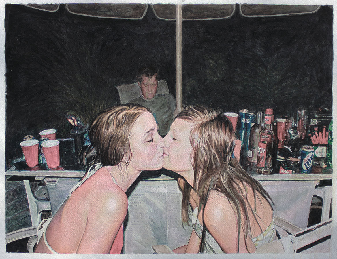 Two women with long brown hair kiss in the foreground of a vehicle interior, their bare shoulders visible. Behind them, a figure in a green shirt sits in the back seat, and the windshield frames a dark forest landscape. The surrounding surfaces are cluttered with colorful bottles and cans rendered in muted tones against the dark background.