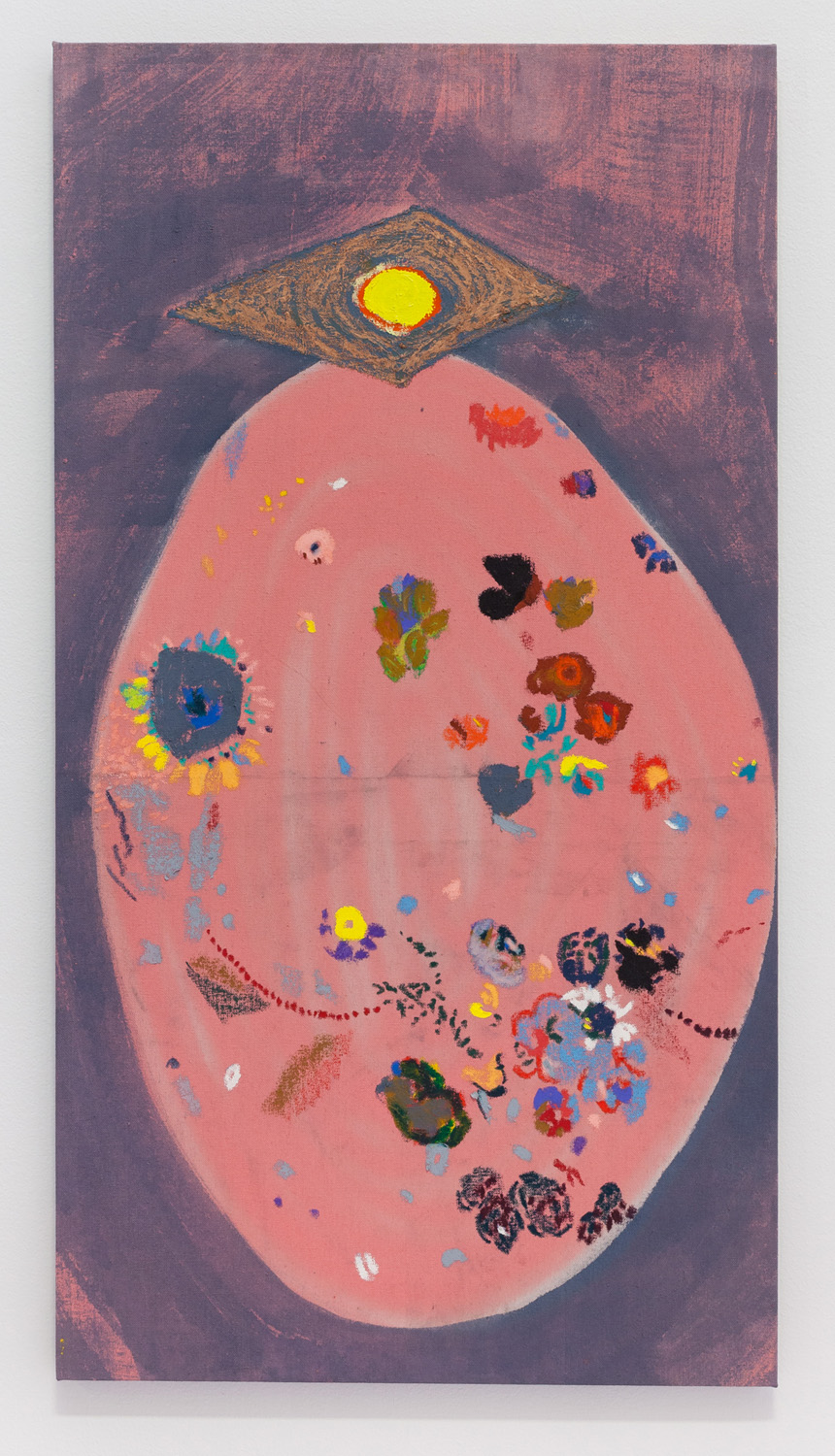 A surreal portrait featuring a large pink oval form against a deep purple background, topped with a diamond-shaped eye rendered in gold and brown tones with a bright yellow center. The pink form is densely populated with colorful abstract flowers, botanical shapes, and organic marks in blues, reds, yellows, and greens, creating a vibrant ecosystem across its surface.