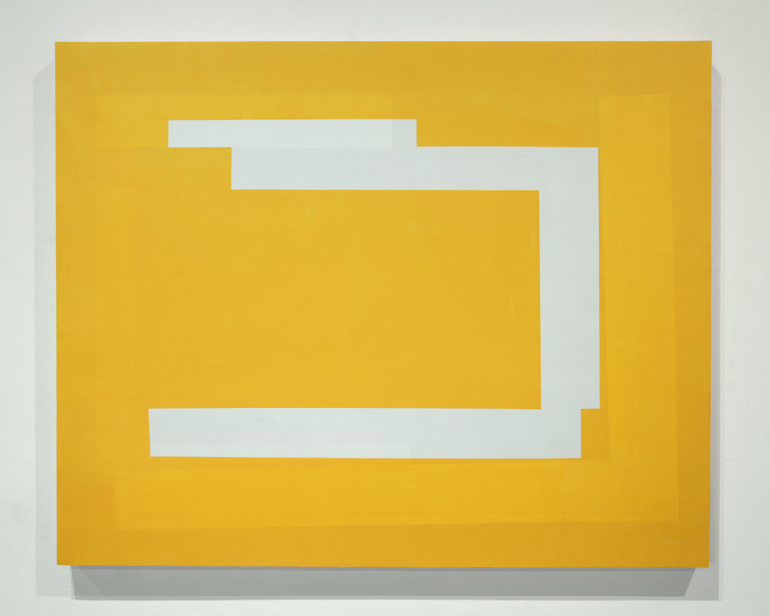 Abstract geometric composition featuring nested rectangular forms in gold and cream tones. The layered shapes create a sense of depth and movement against a neutral background, rendered in a minimalist style with clean edges and bold color contrast.