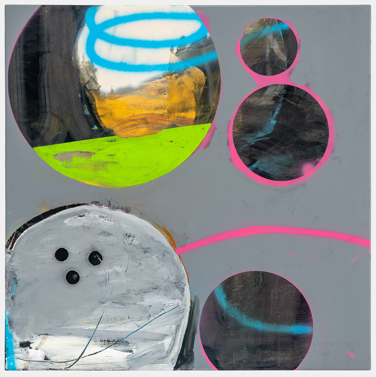 Mixed media painting on gray canvas featuring abstract circular and organic forms in bright neon green, cyan blue, and hot pink, with gestural brushstrokes and layered imagery including a white face-like form with three dark dots and a landscape vista visible through a circular opening.