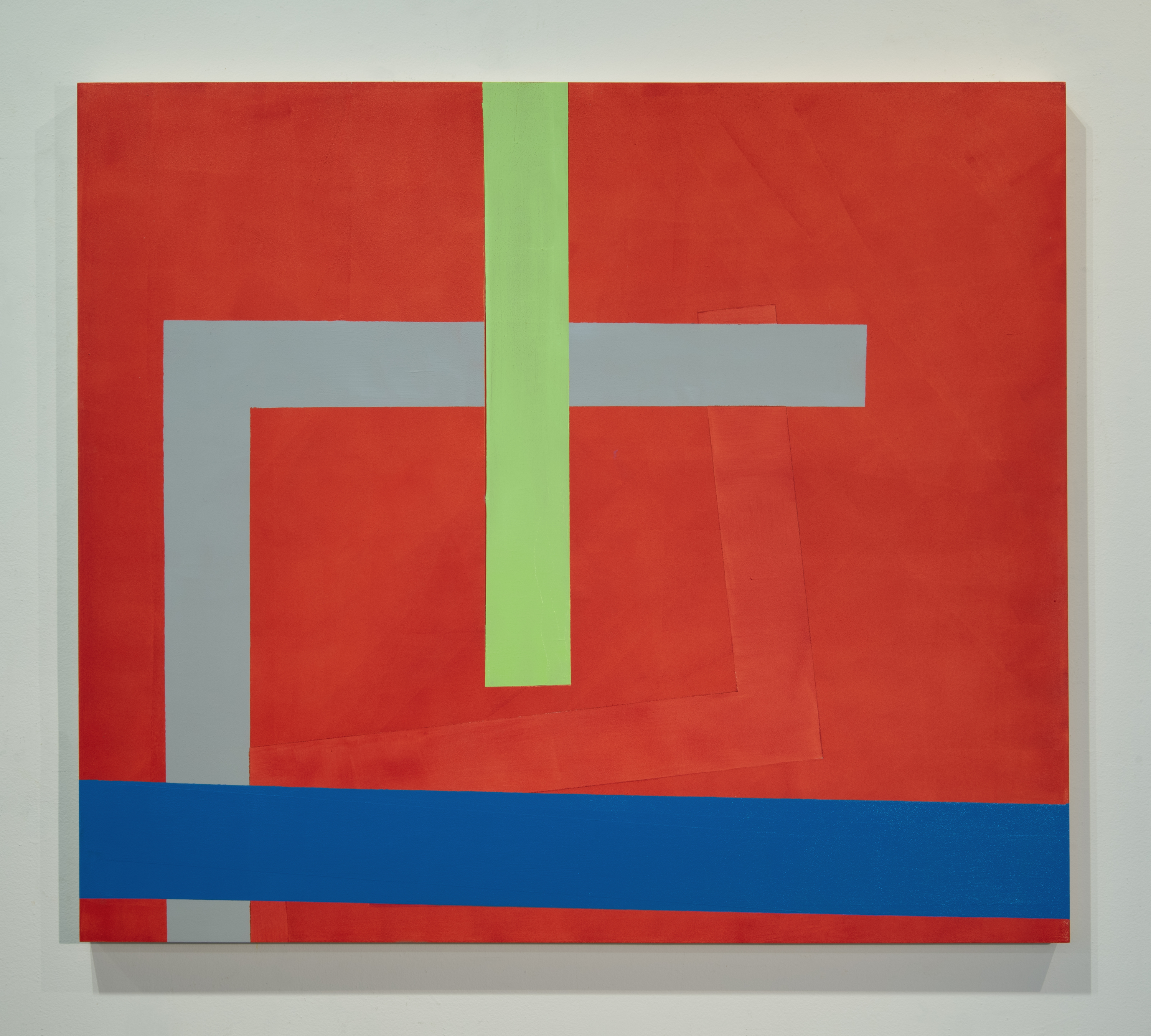 Abstract geometric composition on a square panel featuring a bold color palette of red, gray, lime green, and navy blue. Overlapping rectangular forms and horizontal bands create a layered, architectural composition against a predominantly red background.