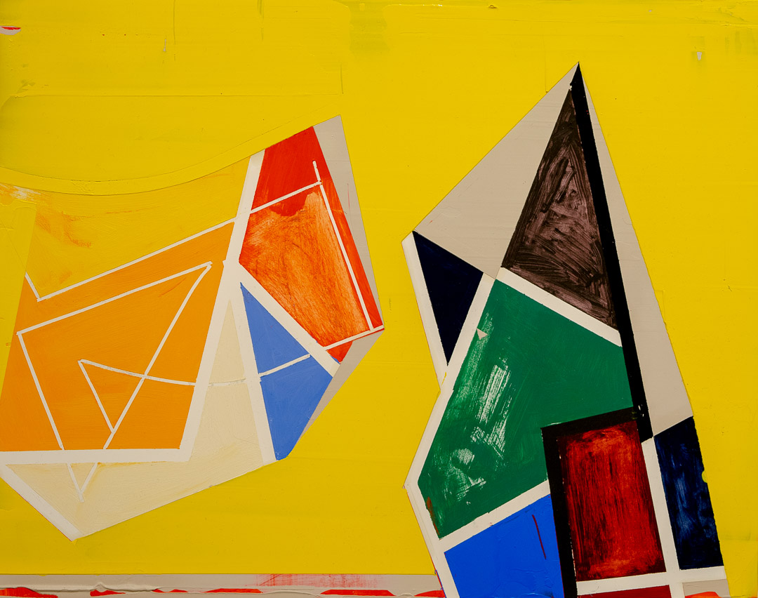 Abstract geometric composition featuring two three-dimensional paper or panel constructs against a bright yellow background. The left form displays orange and blue triangular sections with white outlines, while the right features a tall pyramidal structure with compartments in green, red, black, brown, and blue. Both shapes cast subtle shadows and are rendered with bold, contrasting colors characteristic of modernist abstraction.