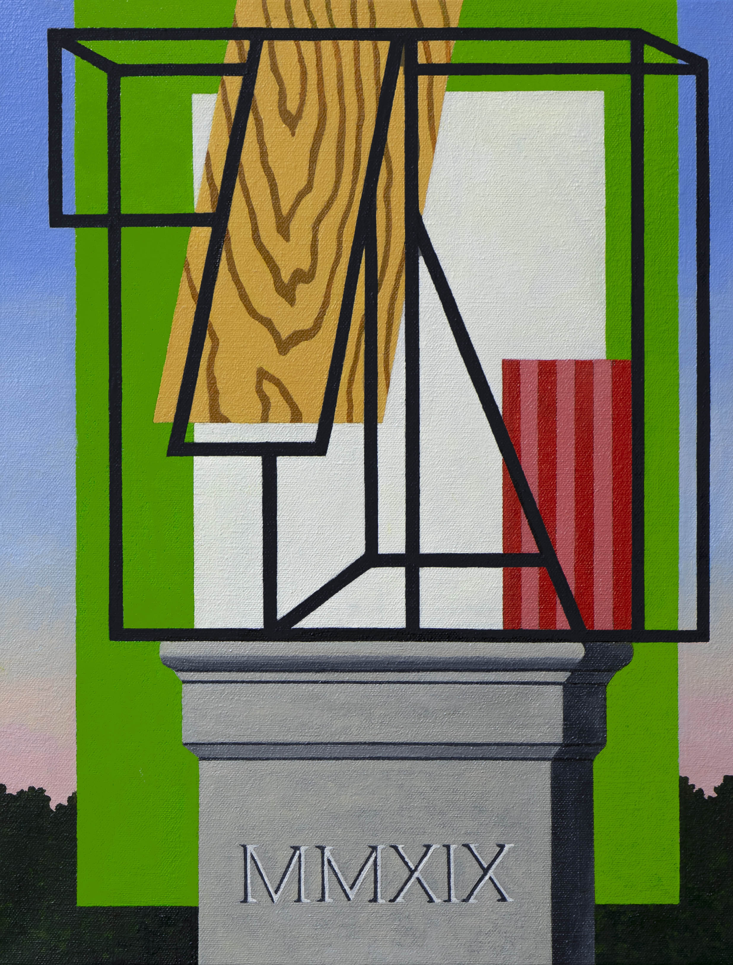 A geometric composition featuring a stylized architectural structure with bold black outlines set against a vibrant green background. Inside the frame-like structure, a wooden plank with grain details hangs diagonally, while red and white sections fill the lower portion. A gray stone pedestal base supports the composition, with Roman numerals inscribed at its foundation. The work employs stark contrasts between natural wood textures and flat color planes, blending modernist abstraction with architectural imagery.