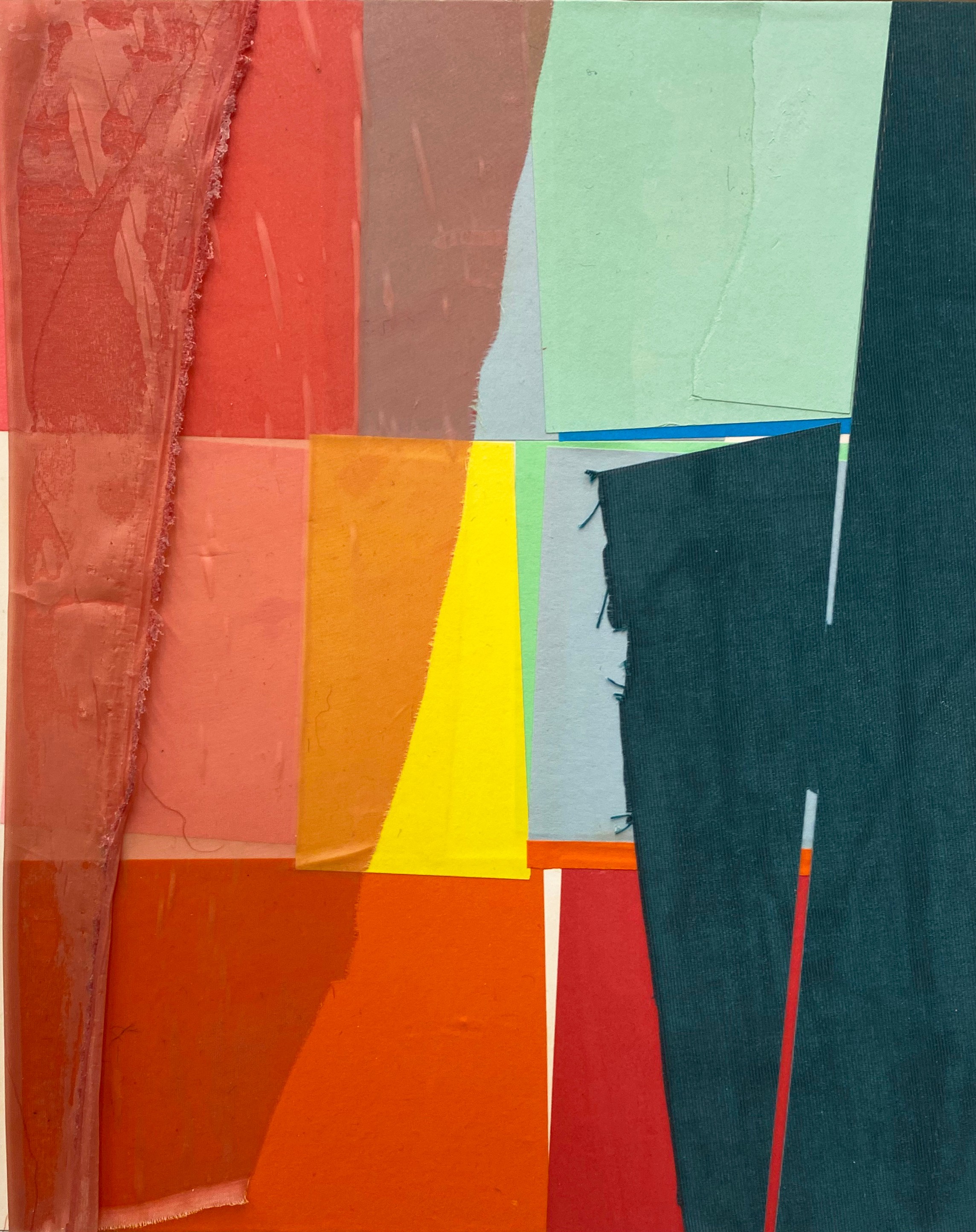 Layered composition of colorful fabric and paper fragments arranged in geometric sections. The work features contrasting hues including reds, oranges, yellows, greens, and deep teals, with raw edges and visible texture creating a dynamic, collage-like arrangement.