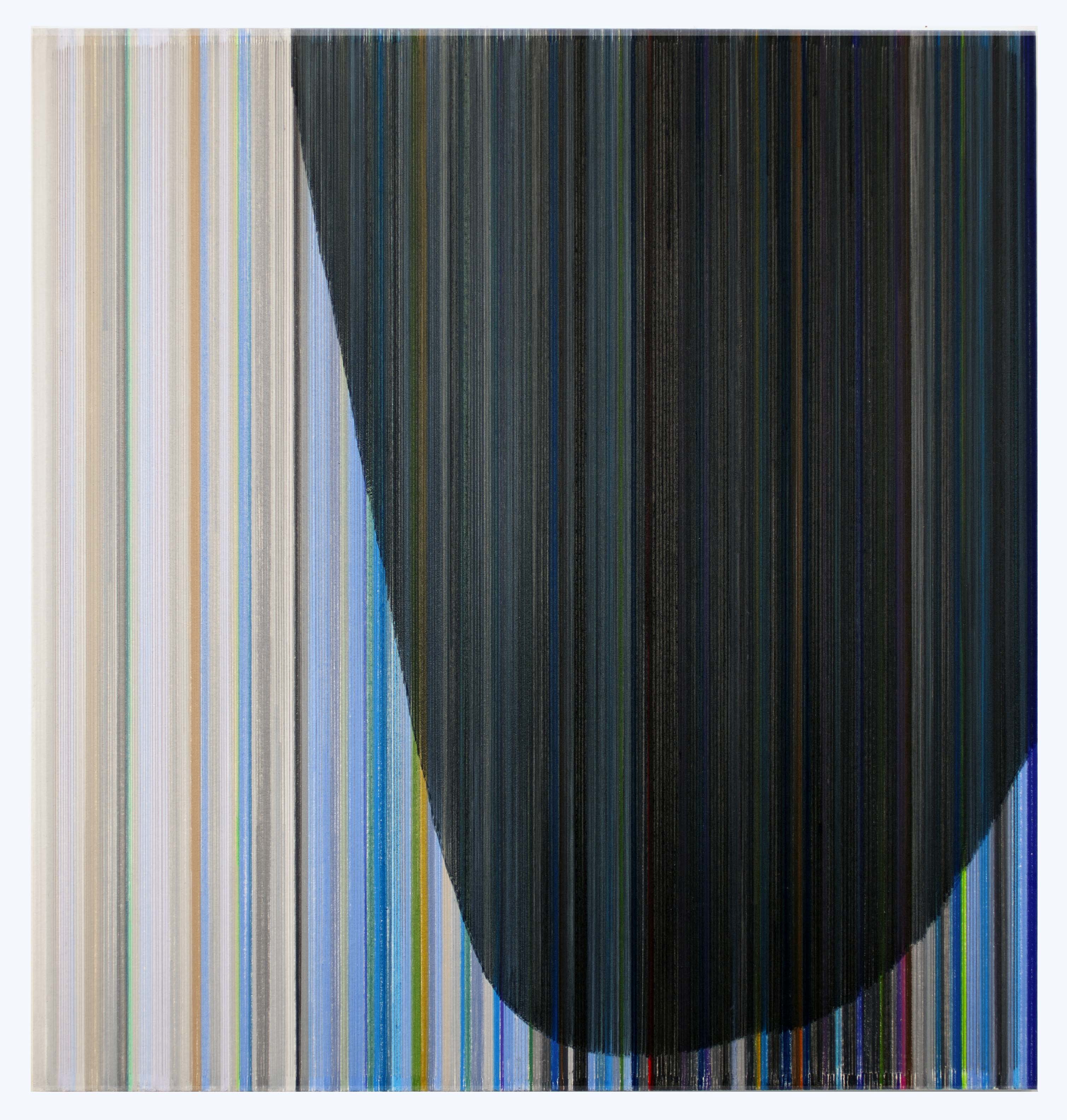 Vertical colored pencil lines in pale pastels transition across the composition from left to right, shifting into darker earth tones and deep blues. A large dark semicircular form emerges from the center, creating a stark contrast against the striped background.