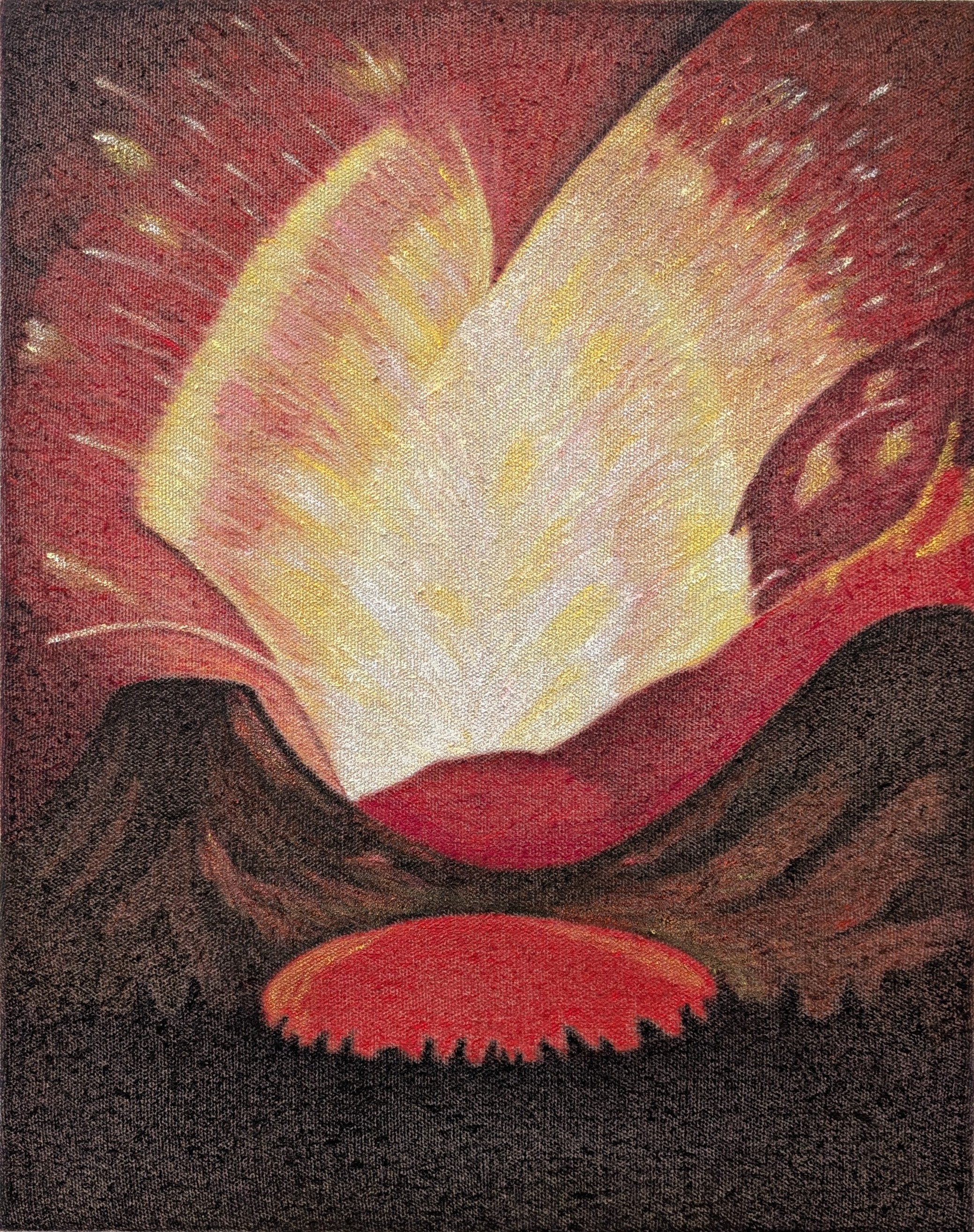 Abstract composition featuring a luminous cream and yellow form resembling a flower or flame against a deep burgundy background, with dark brown curved shapes in the lower portion and white gestural marks suggesting movement and energy throughout.