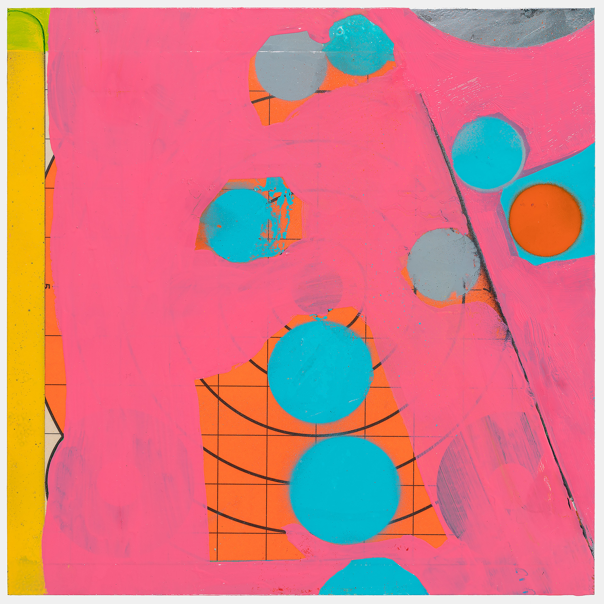 A vibrant abstract composition dominated by hot pink dominates the canvas, populated with geometric and circular forms in turquoise, orange, and gray. Overlaid elements include a yellow vertical stripe on the left edge, orange grid patterns, curved black lines, and various sized circles in contrasting colors, creating a dynamic, layered visual rhythm across the surface.