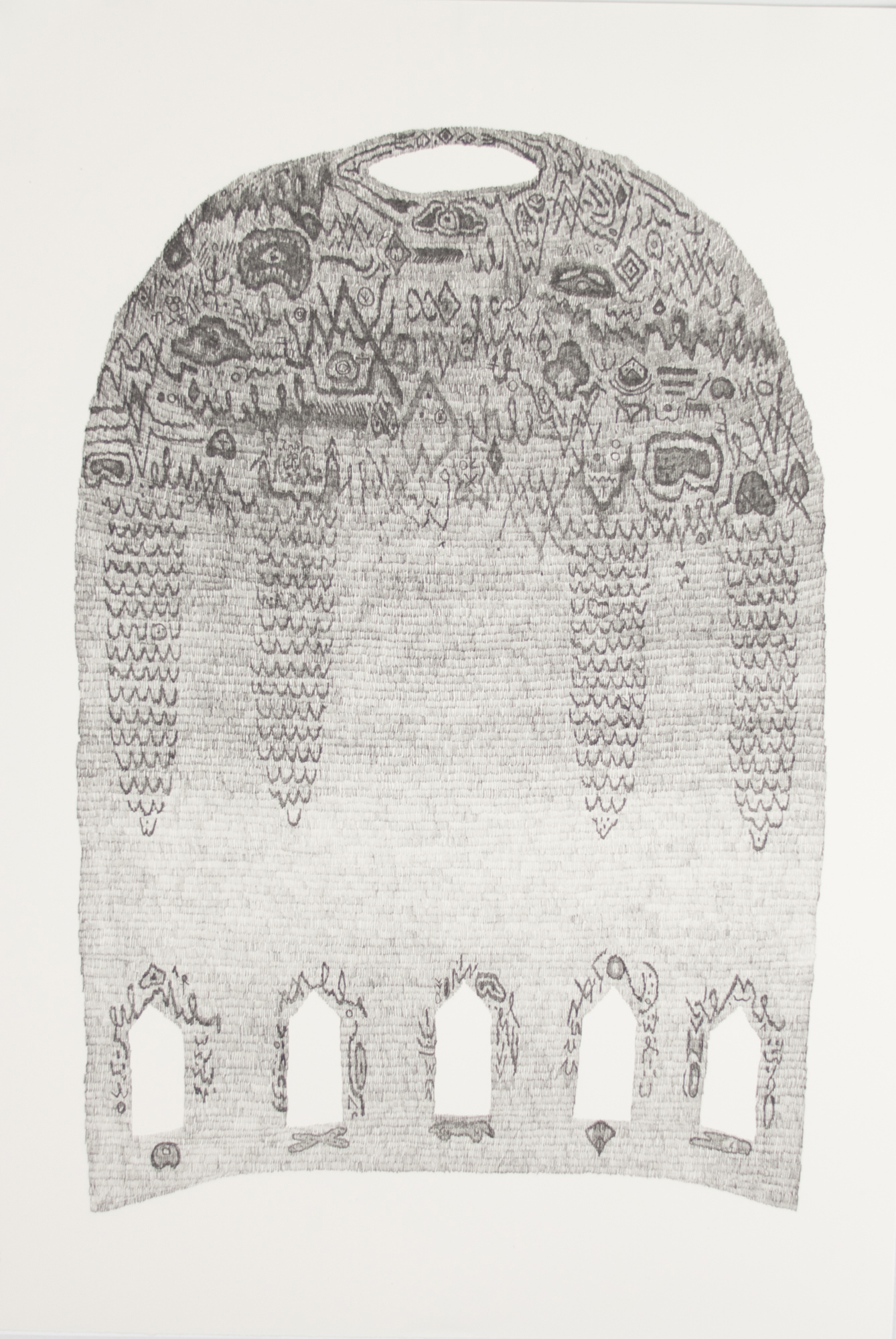 A light gray textile-like composition featuring intricate geometric and figurative patterns concentrated along the top and sides, with five vertical openings cut through the lower portion. Dense linear markings and abstracted forms create a lace-like quality throughout the piece.