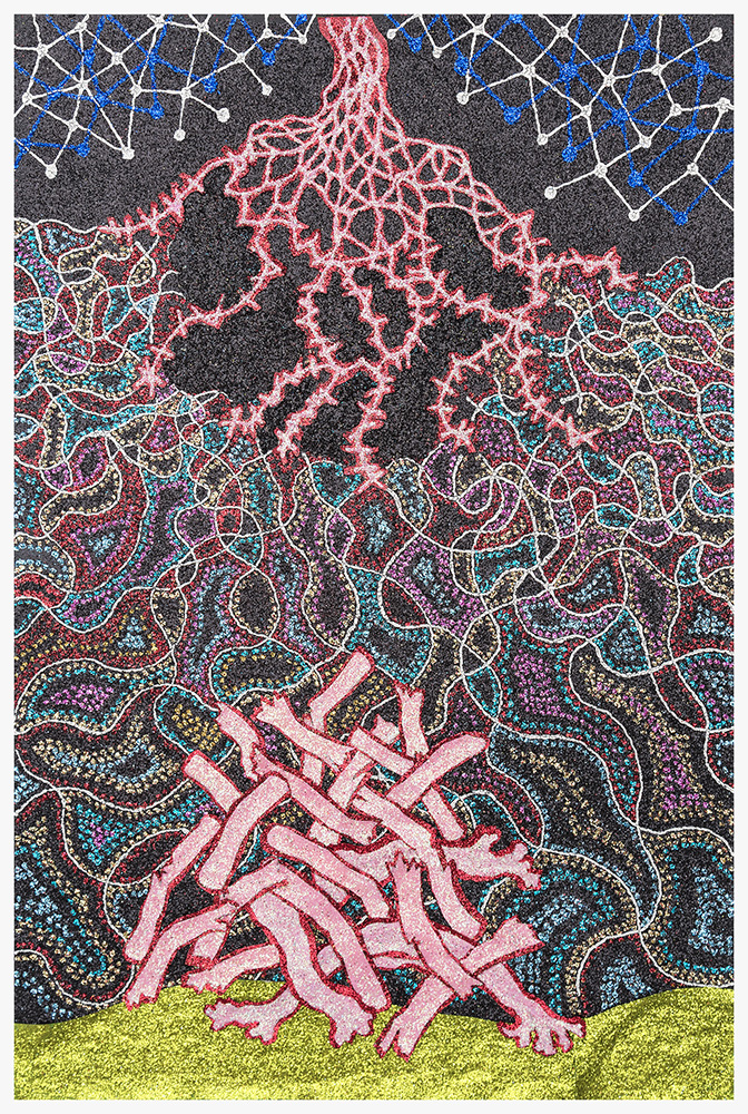 A figure with an elaborate root system rendered in pink stands against a dark textured background filled with intricate blue, cyan, and multicolored patterns. The composition features layered, organic forms with glittering surfaces, grounding the central figure in a bright lime-green base.