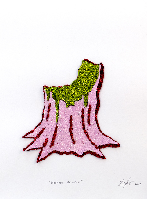 A stylized tree stump rendered in textured materials, featuring a pink and deep burgundy painted trunk with vertical striations and a vibrant lime green glittered canopy at the top, mounted on white paper with a handwritten signature at the bottom.