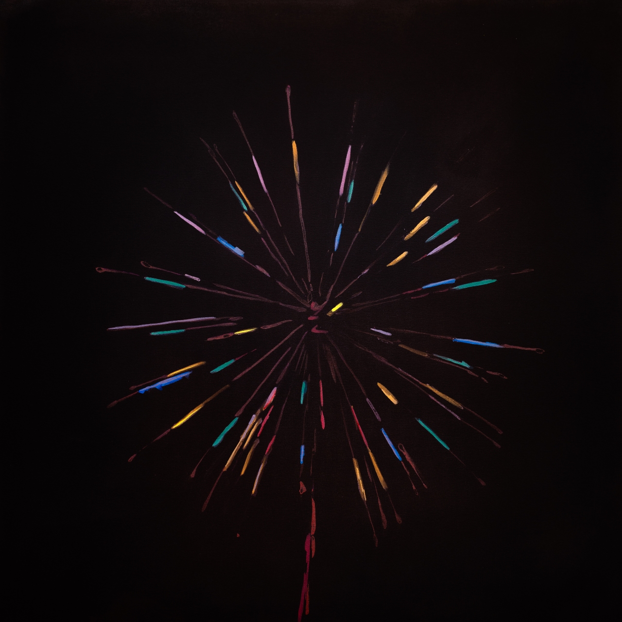 Radiating lines of vibrant neon colors—cyan, yellow, pink, blue, and orange—burst outward from a central point against a deep black background, creating a dynamic starburst or firework effect.