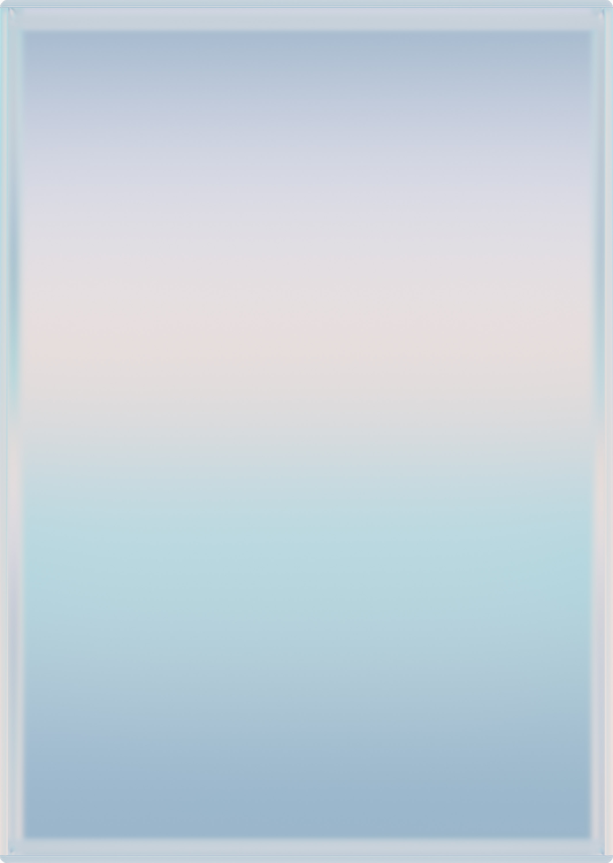 A soft gradient composition transitioning from pale gray-blue at the top to luminous cyan-blue at the bottom, with subtle pink and lavender undertones visible along the edges. The work has a translucent, ethereal quality with a reflective metallic surface.