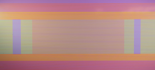 Horizontal bands of vibrant color—purples, pinks, yellows, and oranges—create a shimmering, pixelated landscape. Two vertical rectangular forms in lighter tones frame a central glowing area, suggesting an abstracted mountainous or atmospheric scene rendered through densely layered horizontal lines.
