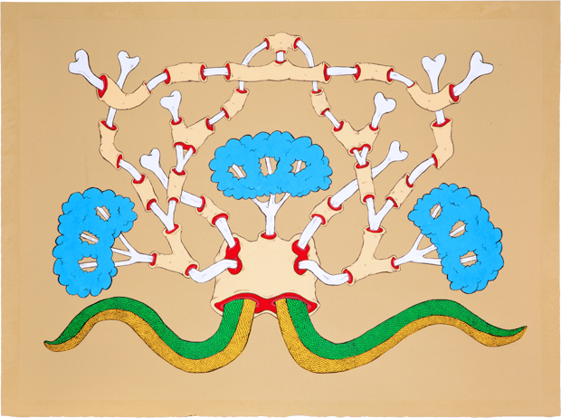 Symmetrical composition in ink and gouache featuring stylized anatomical lungs in blue flanking a central branching bronchial tree structure in tan and cream, with red connective nodes, set above a sinuous green and gold serpentine form against a warm beige background.
