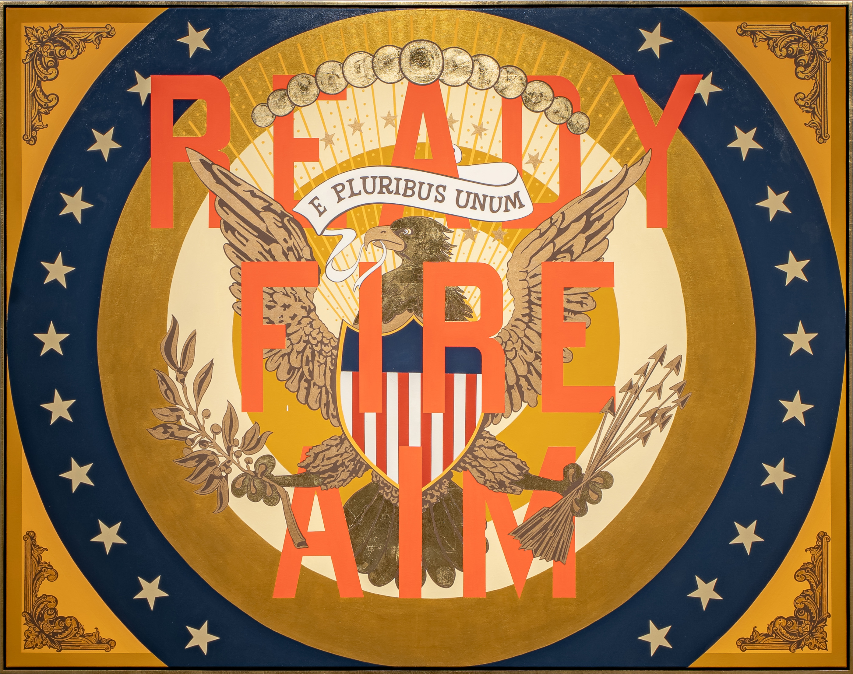 A stylized heraldic composition featuring a bald eagle with spread wings centered on a striped shield, surrounded by olive branches and a banner reading "E Pluribus Unum." Bold red capital letters spelling "READY FIRE AIM" frame the shield against a radiant gold background, encircled by a dark blue border studded with gold stars. Ornamental gold leaf flourishes and classical corner details complete the design, rendered in a bold, graphic style reminiscent of vintage Americana iconography.