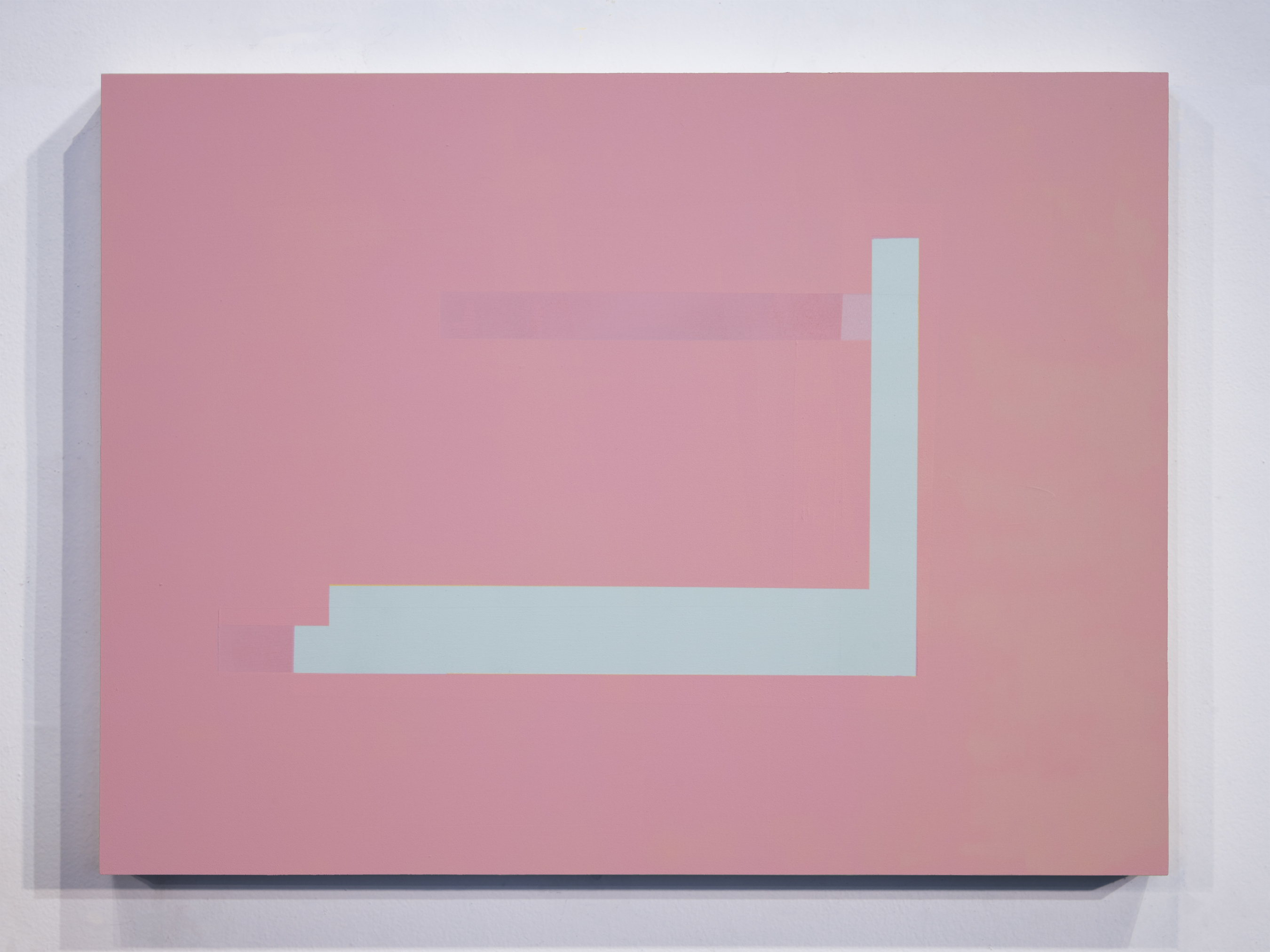 A pale blue geometric form resembling an abstract architectural structure or staircase is centered against a soft pink background on a cradled panel. The composition features clean lines and a minimalist aesthetic, with subtle shadows cast along the left edge suggesting dimensional depth.