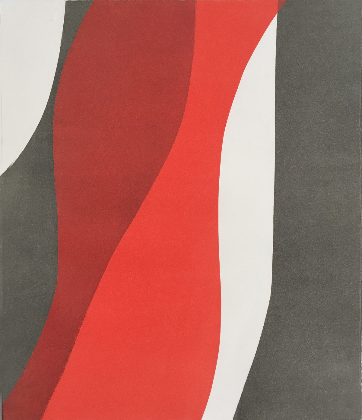 Abstract relief print featuring undulating vertical bands of deep red and bright coral red that flow between darker gray outer sections and a light cream center. The curved, wave-like forms create a sense of movement and depth through layered color and tonal contrast.