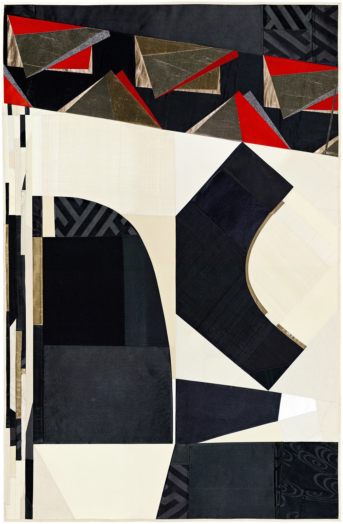 Abstract collage composition featuring geometric shapes and angular forms in black, cream, red, and muted olive tones. Layered pieces of vintage silk with varying textures create a dynamic arrangement of triangular roof-like shapes at the top, curved and rectangular forms in the center, with a striking interplay of translucent and opaque materials throughout.