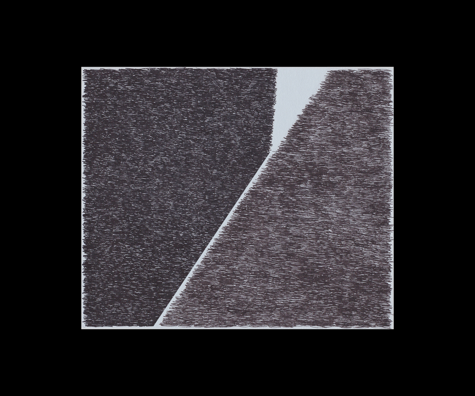 Abstract composition featuring two dark textured planes separated by a diagonal white line, with a light gray sky visible at the top. The work employs dense, linear marks creating a tactile, cross-hatched surface across the composition.