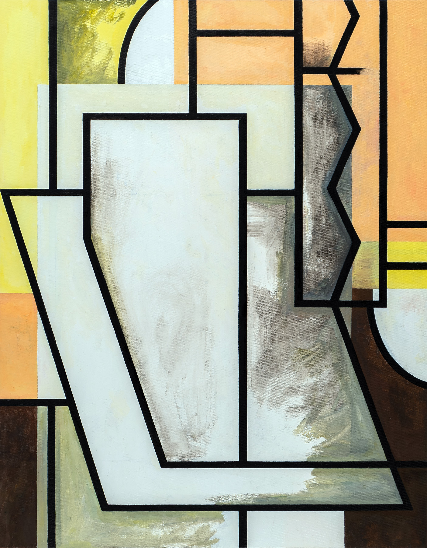 Abstract geometric composition with bold black lines dividing the canvas into angular, overlapping sections filled with cream, white, yellow, orange, tan, and dark brown hues. The layered rectangular forms create a sense of depth and spatial complexity through varied tonal gradations and subtle brushwork.