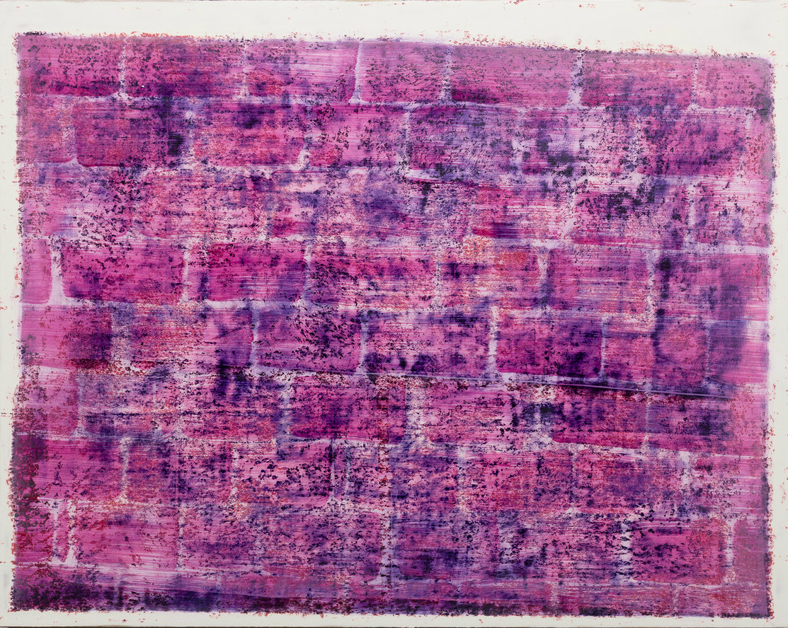 Abstract composition dominated by magenta and purple tones with horizontal striations and textured layers. The heavily worked surface features areas of opacity and translucency, creating depth through overlapping brushwork and gestural marks that suggest weathered or palimpsestic surfaces.
