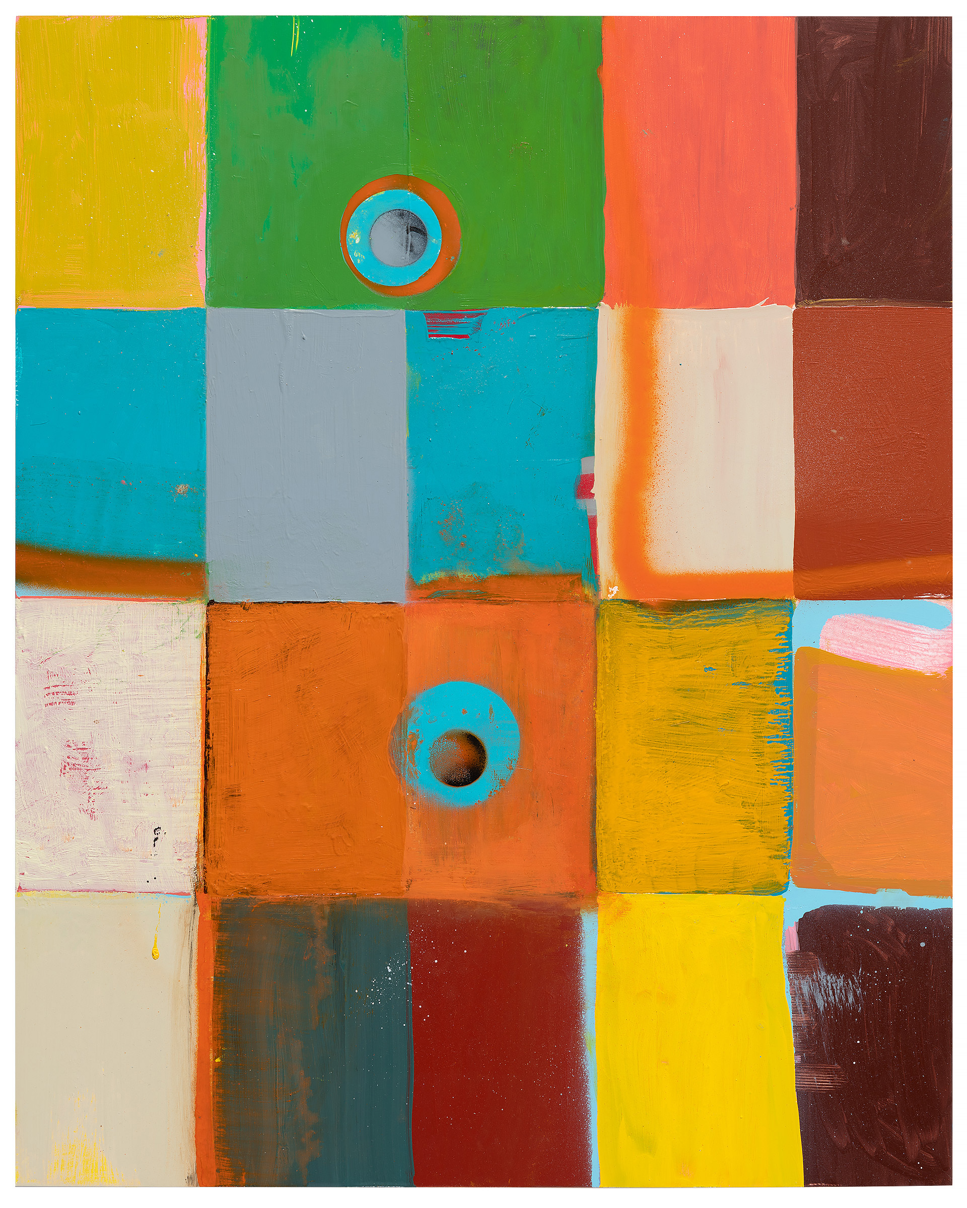 Abstract composition of brightly colored rectangular sections in yellow, green, orange, turquoise, cream, brown, and red arranged in a grid-like pattern. Two circular forms with concentric rings in contrasting colors are centered within the composition. The surface shows visible brushstrokes and paint application with areas of weathering and texture.
