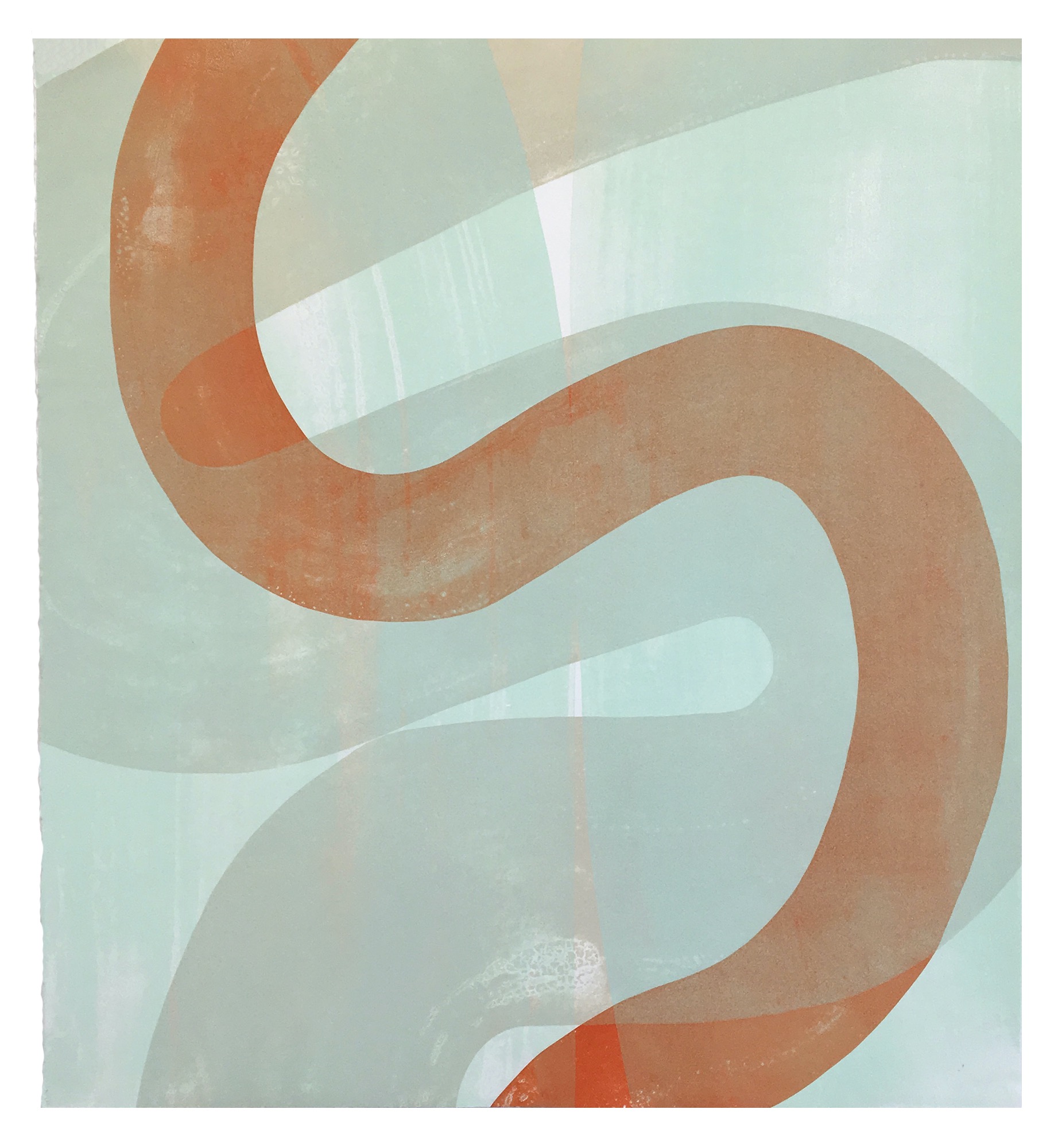 Abstract relief print featuring interlocking curved forms in terracotta and tan tones that weave across a soft sage green background, creating a rhythmic, flowing composition with layered depth and subtle textural variations.