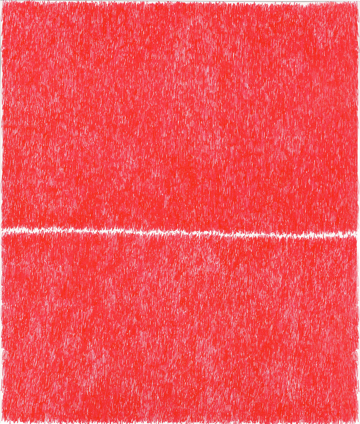 A vibrant red abstract composition divided horizontally by a thin white band, with densely layered vertical marks and gestural marks creating a dynamic, textured surface across both sections.