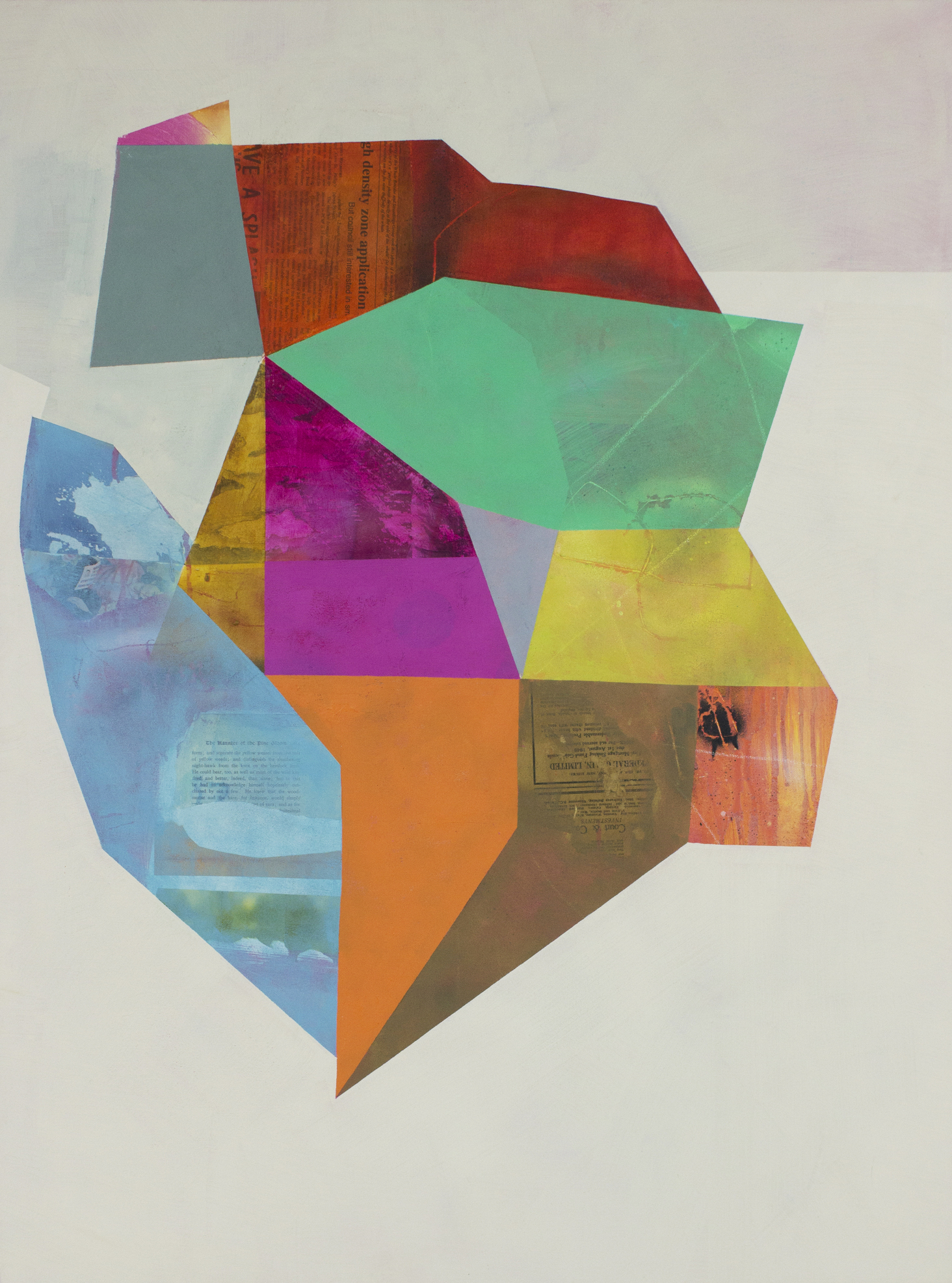 Abstract geometric composition featuring an angular, faceted form in shades of blue, green, magenta, yellow, orange, and red. Translucent colored planes overlap and intersect across a cream background, with some sections incorporating printed text and photographic imagery beneath the paint layers.