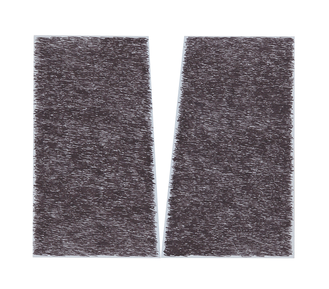 Two vertical rectangular panels with dense, gestural black linear marks covering their surfaces, creating a textured, scratched appearance. A thin light gap separates the panels down the center.