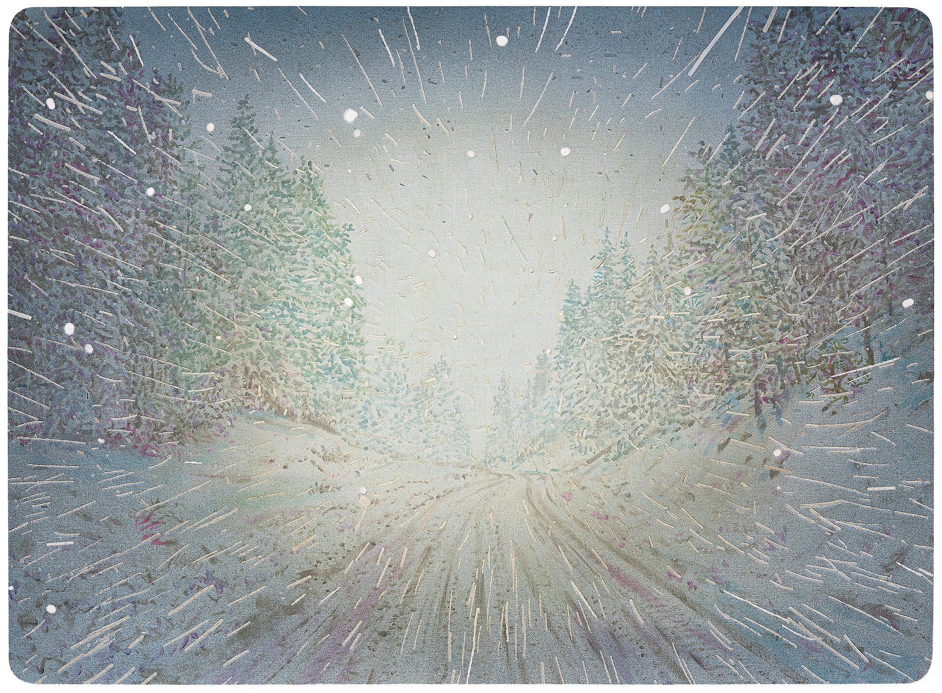 A snowy forest road stretches toward the horizon, flanked by snow-laden evergreen trees on both sides. Heavy snowfall and wind-driven snow create a sense of motion and obscure the distant landscape, rendered in muted blues, greens, and whites with visible brushwork and textural layering across the painted surface.