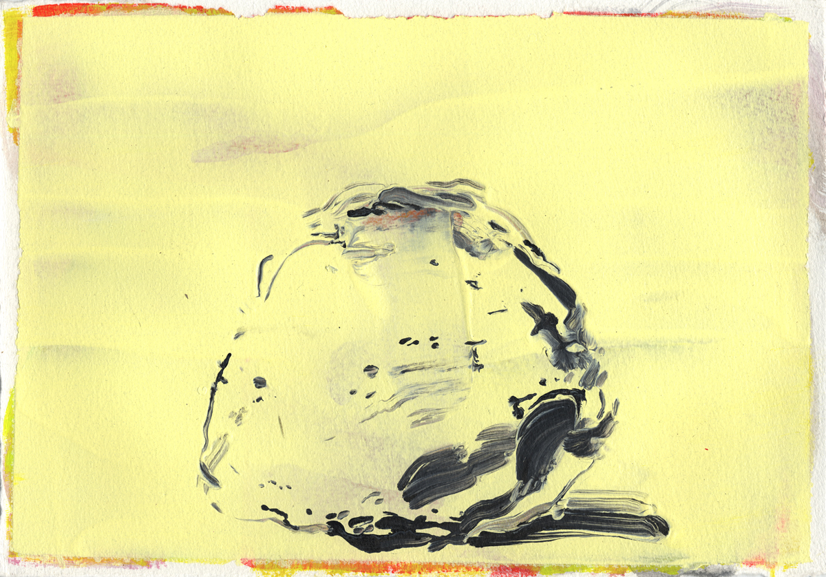 A minimalist abstraction rendered in loose, gestural brushstrokes on pale yellow paper. Dark ink marks define an organic, boulder-like form against the luminous yellow ground, with accents of red and green visible along the weathered edges of the paper.