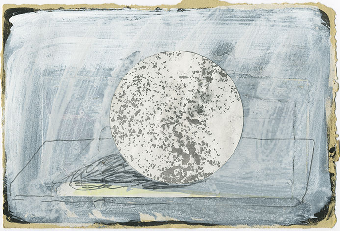 A pale sphere densely covered in dark speckles rests on a horizontal plane beside an abstracted linear form, set against a soft blue-grey background with visible brushstrokes and weathered edges on aged paper.