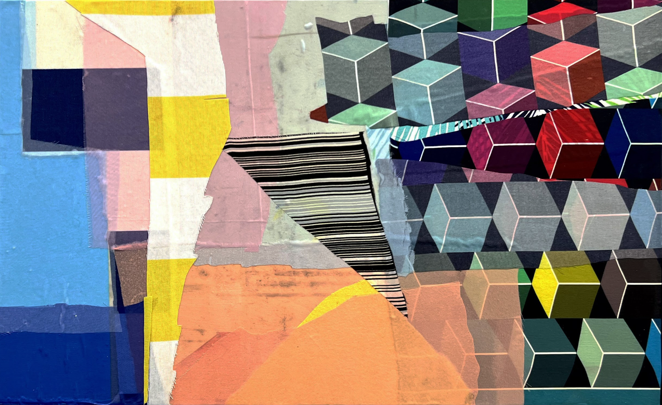 Abstract mixed media composition divided into three distinct sections: geometric color blocks on the left in blues, pinks, and yellows; a central area with bold black and white striped patterns; and three-dimensional isometric cubes on the right in muted earth tones, grays, and jewel tones, creating an illusion of depth.