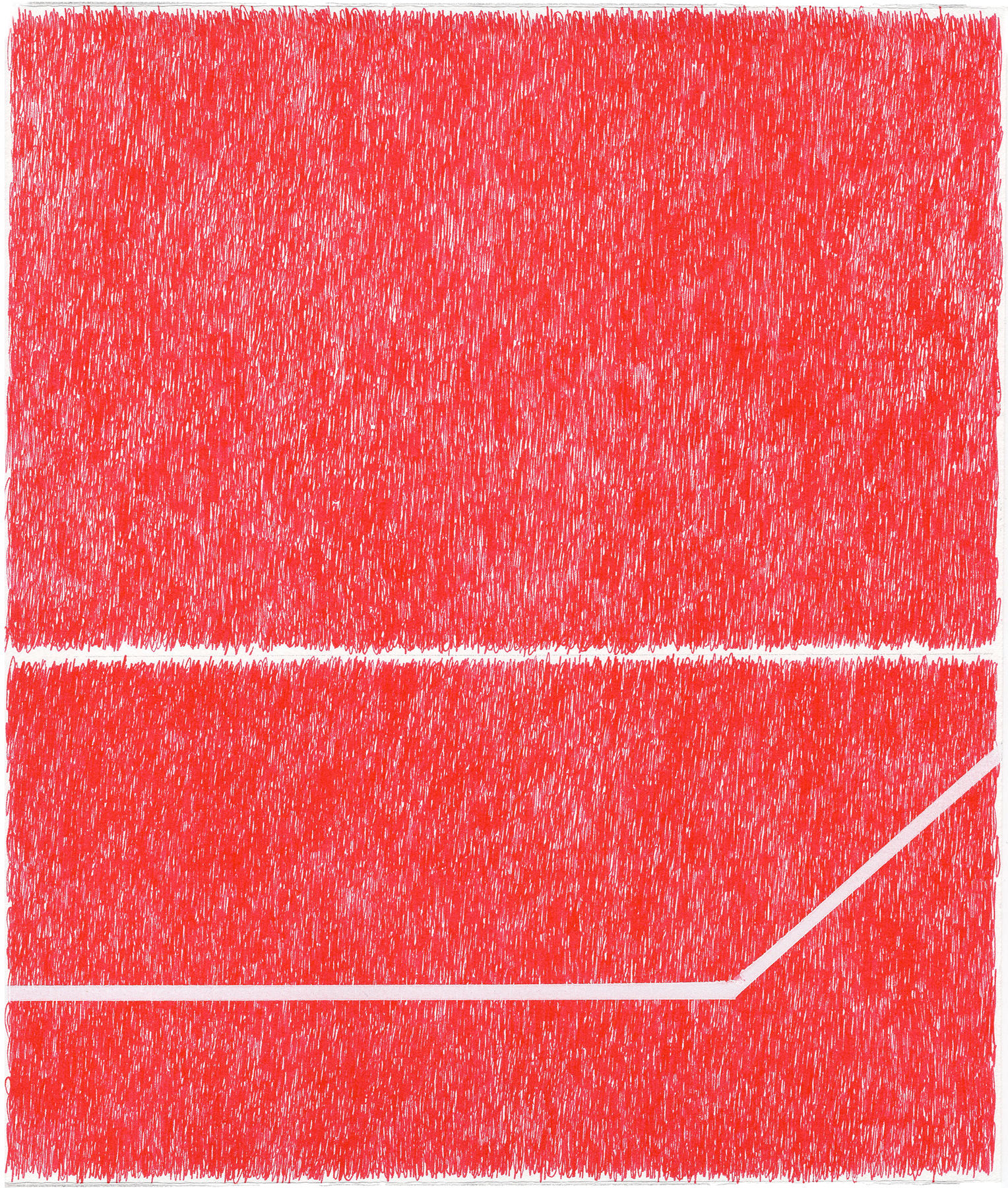 A vibrant red textured composition divided into three horizontal sections by white bands, with dense vertical striations creating a dynamic, energetic surface throughout. A diagonal white line cuts through the lower portion, suggesting movement across the layered fields of color.