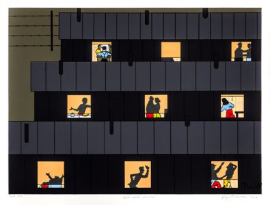 A gridded composition of horizontal dark bands alternating with black spaces, punctuated by small yellow and orange panels containing silhouetted figures in various poses. The figures appear to be engaged in everyday activities, creating a rhythmic pattern across the work's austere architectural structure.