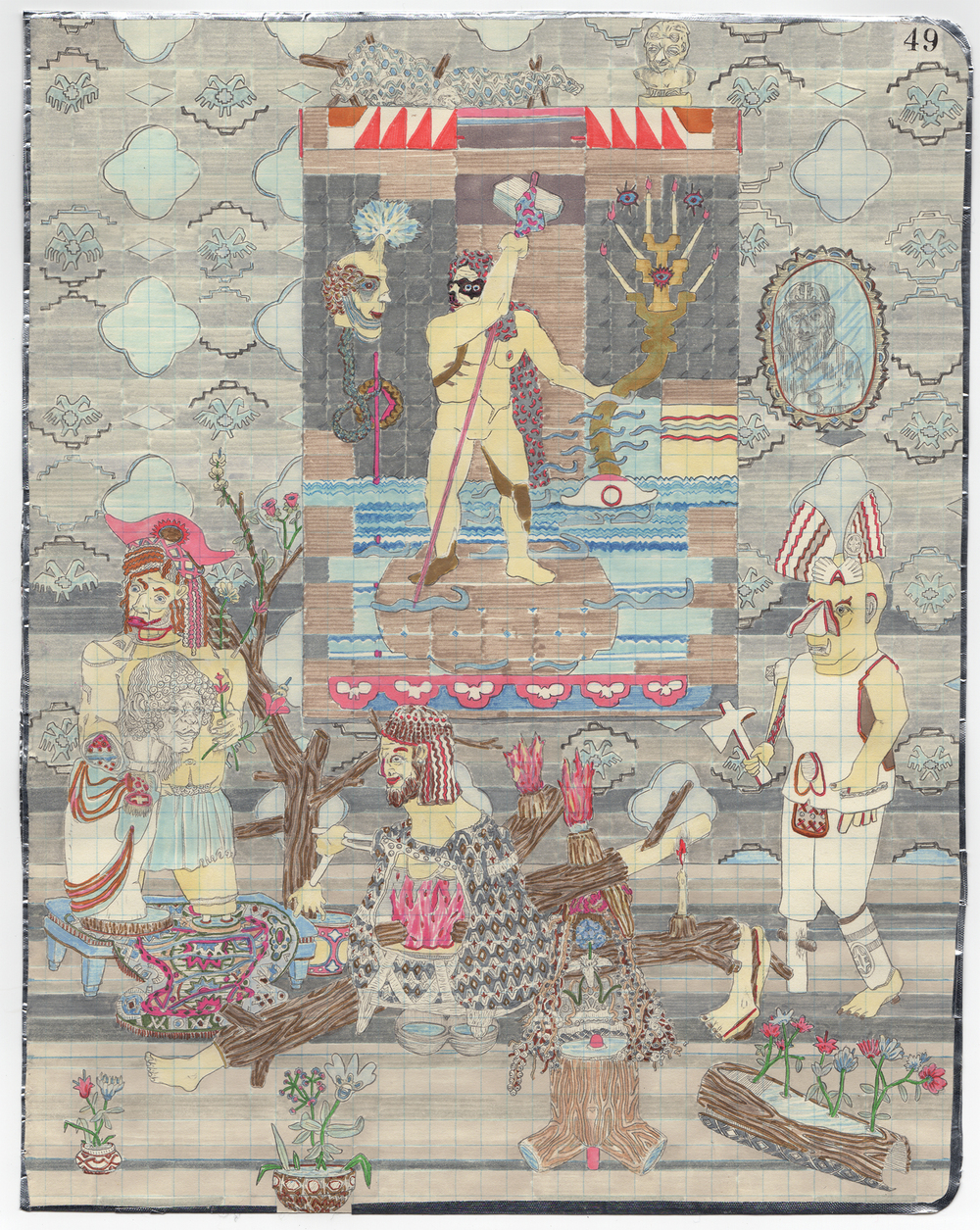 A densely composed drawing depicts mythological and fantastical figures arranged in a theatrical scene. Central figures include a nude warrior with a trident, masked and costumed characters, and ornately dressed deities surrounding a seated figure with a patterned skirt. The composition features intricate patterning throughout—geometric designs on clothing, decorative borders, and ornamental details—rendered in graphite with selective touches of color including reds, blues, yellows, and flesh tones. The background is filled with symmetrical cloud and floral motifs creating a decorative frame around the central narrative.
