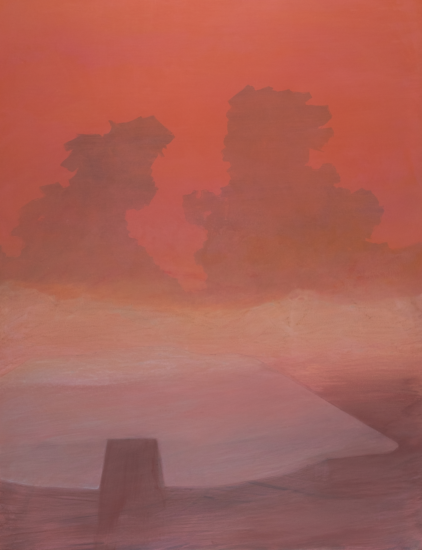 Hazy composition in warm coral and pink tones depicting silhouetted rocky formations emerging from mist, with a small geometric structure in the foreground, creating an ethereal, dreamlike landscape.